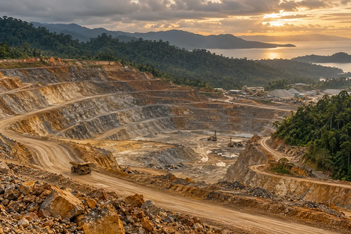 Aerial view of the Bakan open-pit gold mine in North Sulawesi