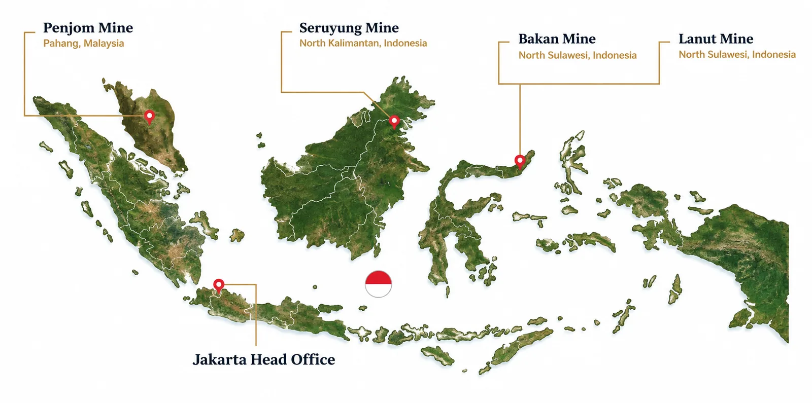 Map of J Resources operations: Penjom Mine in Pahang, Malaysia; Seruyung Mine in North Kalimantan; Bakan and Lanut Mines in North Sulawesi; and Jakarta Head Office