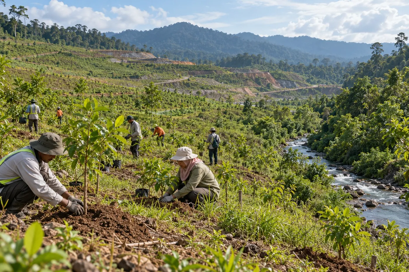 Community members planting saplings during reforestation at a J Resources site